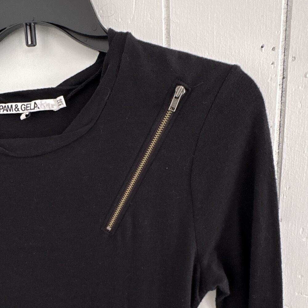 PAM & GELA Black Ruched Bodycon Dress Round Neck Long Sleeve Zipper Petite P - Picture 4 of 5